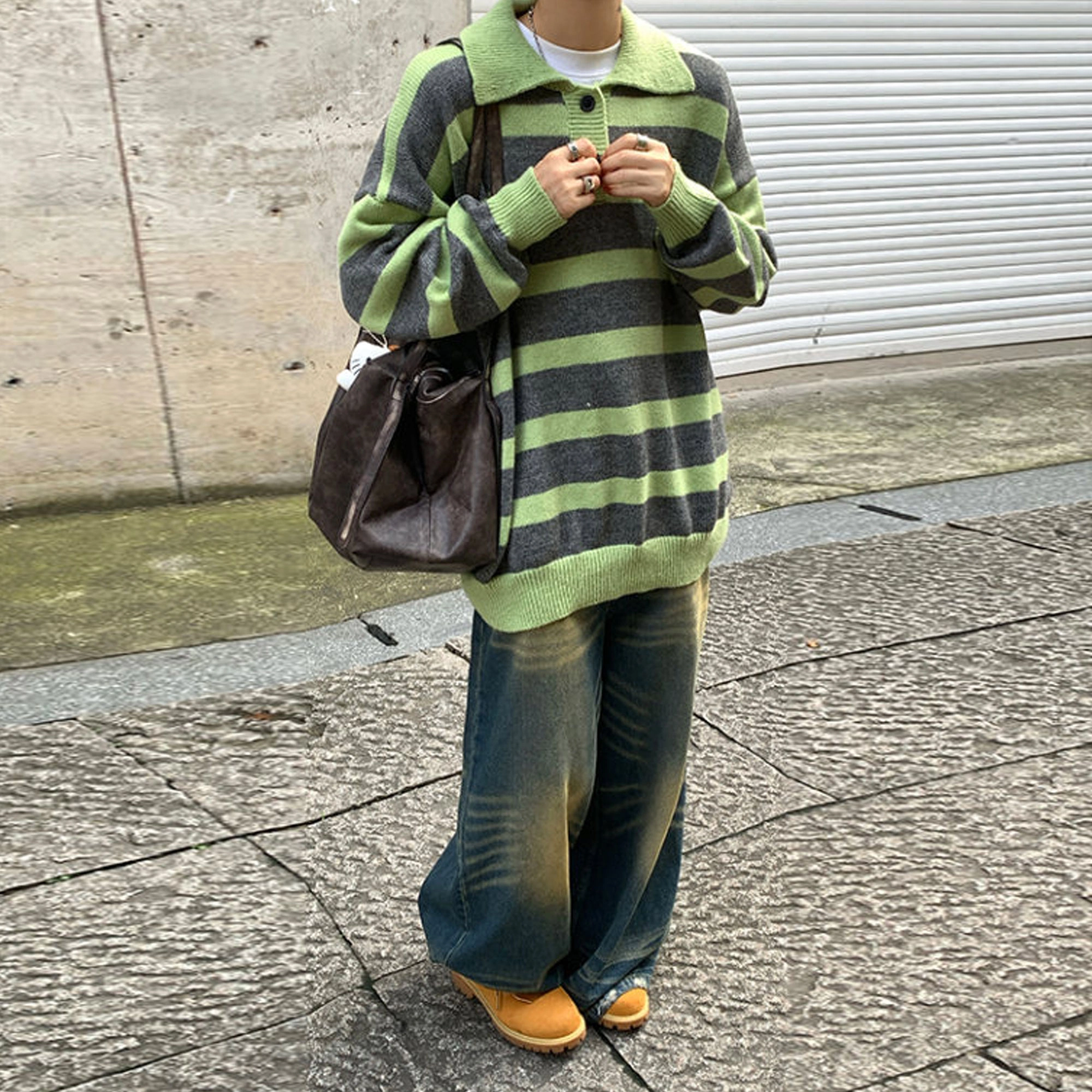 西行纪 美式复古设计感撞色条纹拼色软糯宽松舒适简约百搭休闲上衣慵懒感多巴胺色系日常穿搭保暖长袖翻领针织毛衣 男女同款