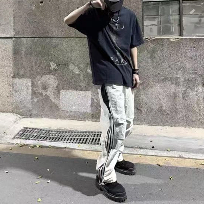 西行纪 侧边条纹拉链潮牌百搭冰丝透气潮流直筒速干长裤伞兵宽松休闲裤 男女同款