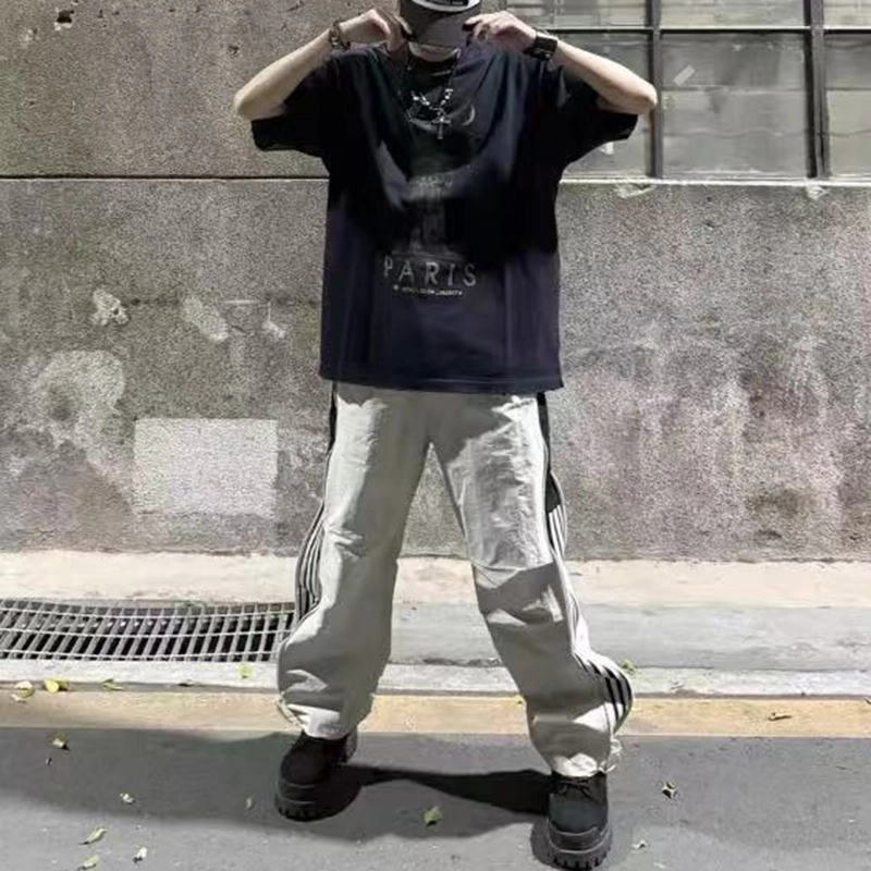 西行纪 侧边条纹拉链潮牌百搭冰丝透气潮流直筒速干长裤伞兵宽松休闲裤 男女同款