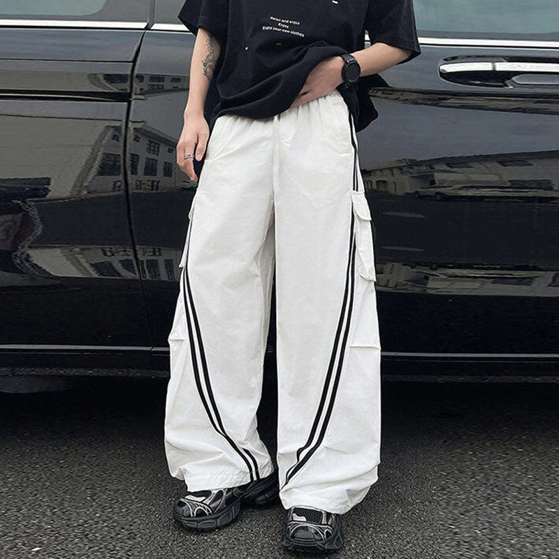 西行纪 美式高街设计感条纹大口袋工装宽松伞兵裤薄款舒适透气百搭户外运动速干休闲裤 男女同款