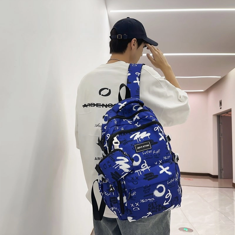 度森袋鼠 潮流涂鸦背包休闲大学生书包初中生 尼龙 双肩包 常规 男女同款情侣款 黑色/灰色/红色/蓝色/宝蓝色