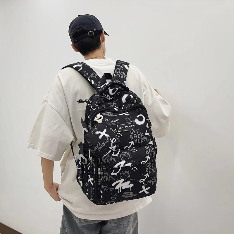 度森袋鼠 潮流涂鸦背包休闲大学生书包初中生 尼龙 双肩包 常规 男女同款情侣款 黑色/灰色/红色/蓝色/宝蓝色