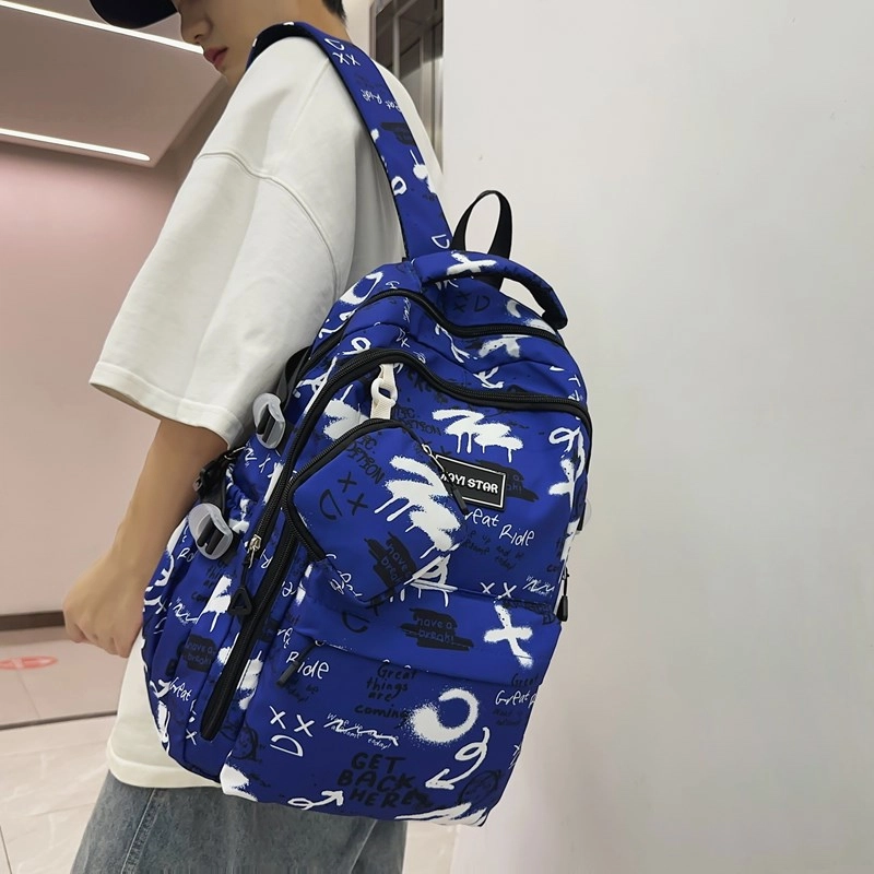 度森袋鼠 潮流涂鸦背包休闲大学生书包初中生 尼龙 双肩包 常规 男女同款情侣款 黑色/灰色/红色/蓝色/宝蓝色