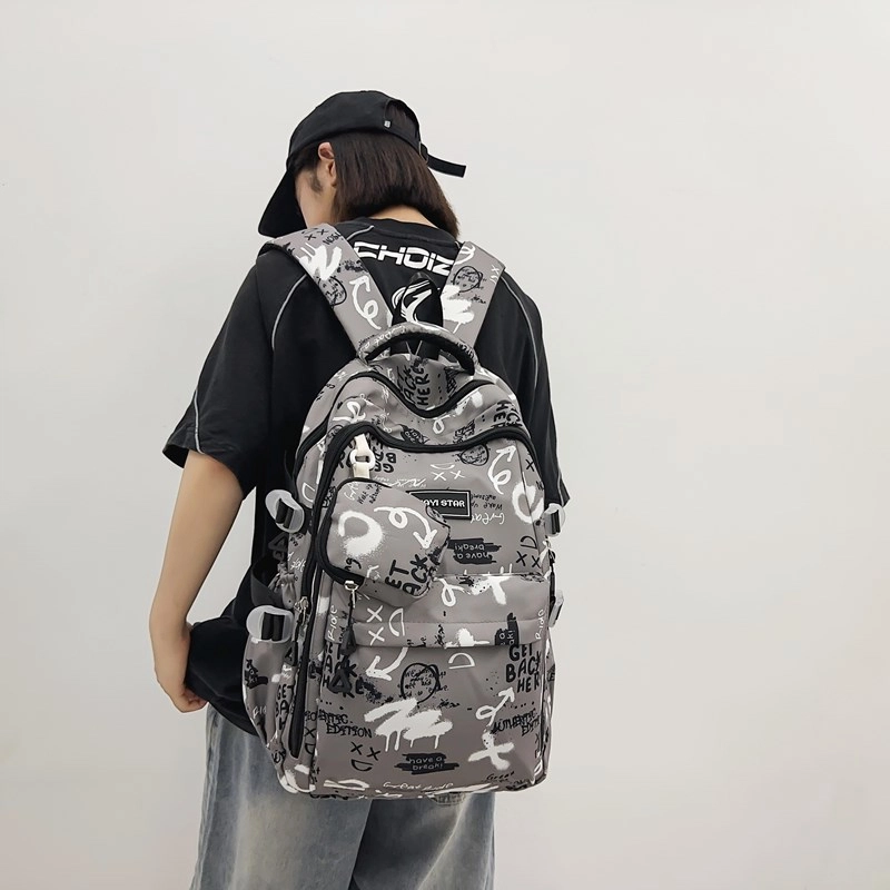 度森袋鼠 潮流涂鸦背包休闲大学生书包初中生 尼龙 双肩包 常规 男女同款情侣款 黑色/灰色/红色/蓝色/宝蓝色