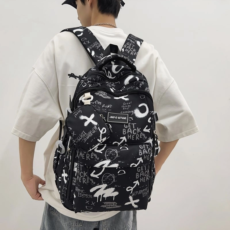 度森袋鼠 潮流涂鸦背包休闲大学生书包初中生 尼龙 双肩包 常规 男女同款情侣款 黑色/灰色/红色/蓝色/宝蓝色