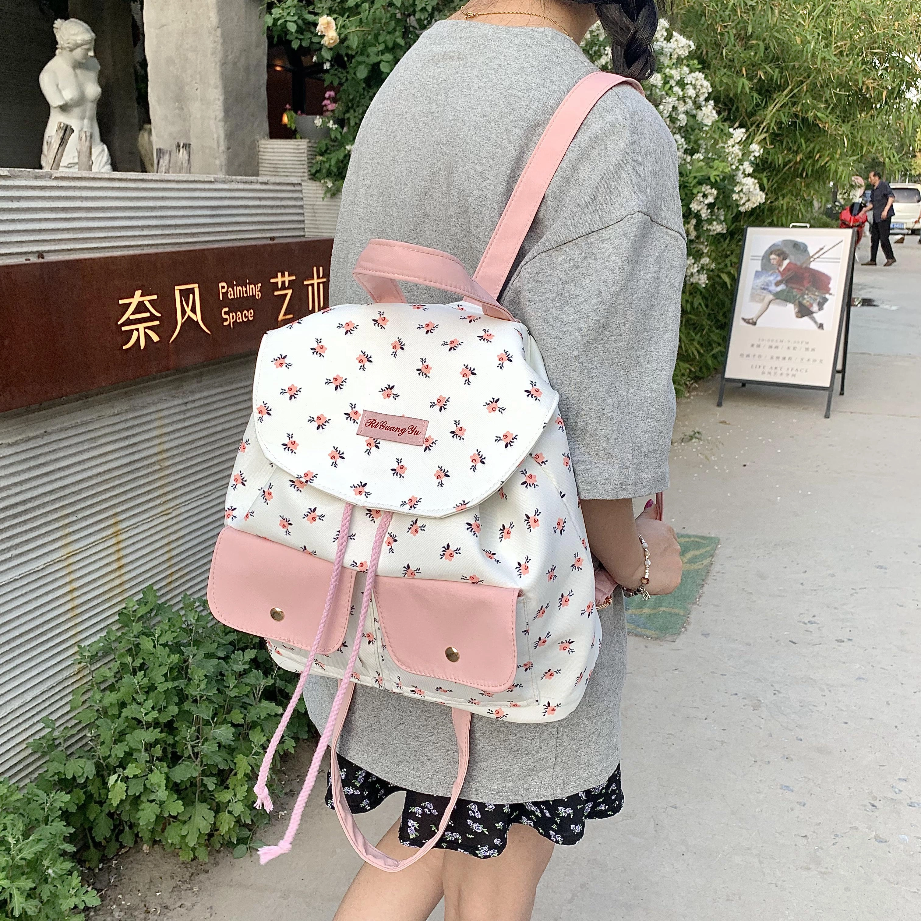 度森袋鼠 大容量碎花小众设计少女心 尼龙 背包双肩包 常规 女款 粉色