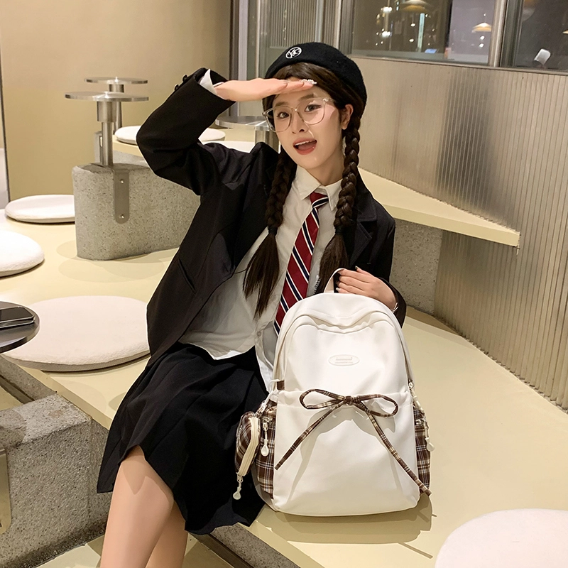 度森袋鼠 韩版时尚百搭高颜值蝴蝶结简约轻便背包 尼龙 双肩包 女款 白色/黑色/黄色/浅蓝色/粉色