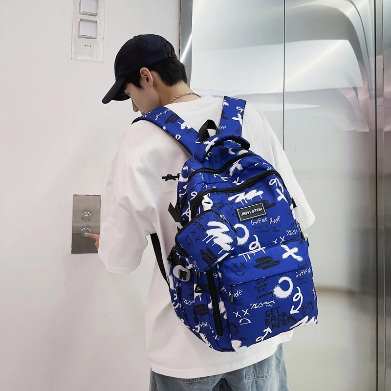 度森袋鼠 潮流涂鸦背包休闲大学生书包初中生 尼龙 双肩包 常规 男女同款情侣款 黑色/灰色/红色/蓝色/宝蓝色
