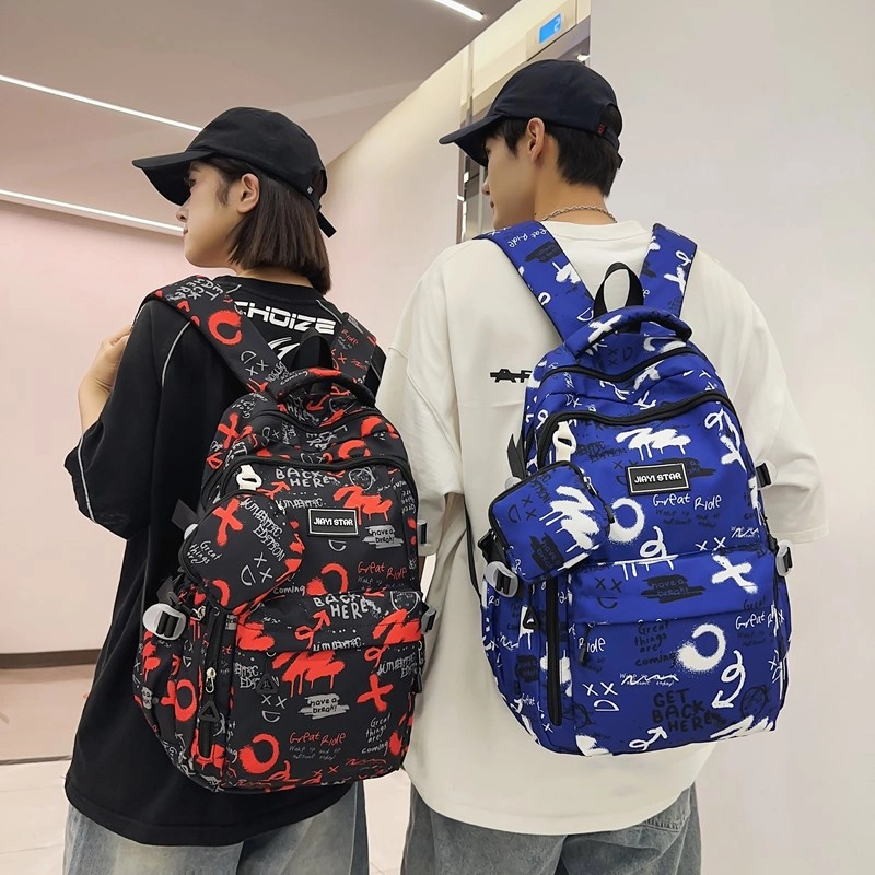 度森袋鼠 潮流涂鸦背包休闲大学生书包初中生 尼龙 双肩包 常规 男女同款情侣款 黑色/灰色/红色/蓝色/宝蓝色
