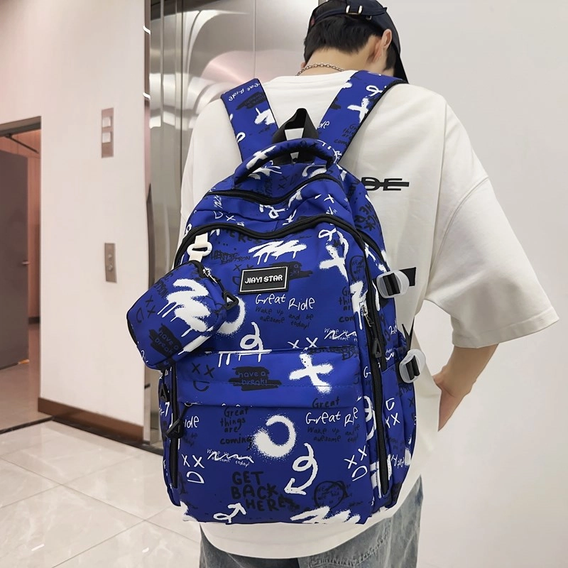 度森袋鼠 潮流涂鸦背包休闲大学生书包初中生 尼龙 双肩包 常规 男女同款情侣款 黑色/灰色/红色/蓝色/宝蓝色