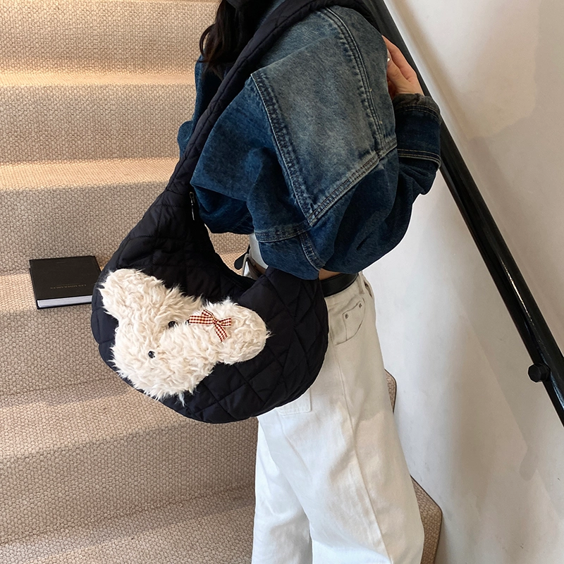 度森袋鼠 卡通动漫小狗可爱休闲复古上课通勤大容量轻便 尼龙布 单肩包 常规 女款 黑色/白色