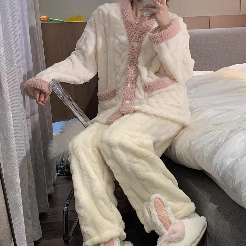 橡柠派 睡衣女简约甜美可爱韩版少女加绒加厚居家套装 长袖长裤冬季保暖 家居套装 女款 象牙白