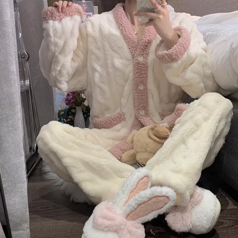 橡柠派 睡衣女简约甜美可爱韩版少女加绒加厚居家套装 长袖长裤冬季保暖 家居套装 女款 象牙白
