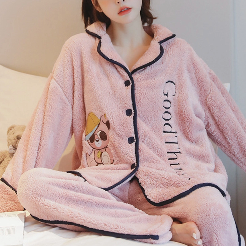 橡柠派 甜美可爱加绒微弹加厚刺绣小熊睡衣套装 女款