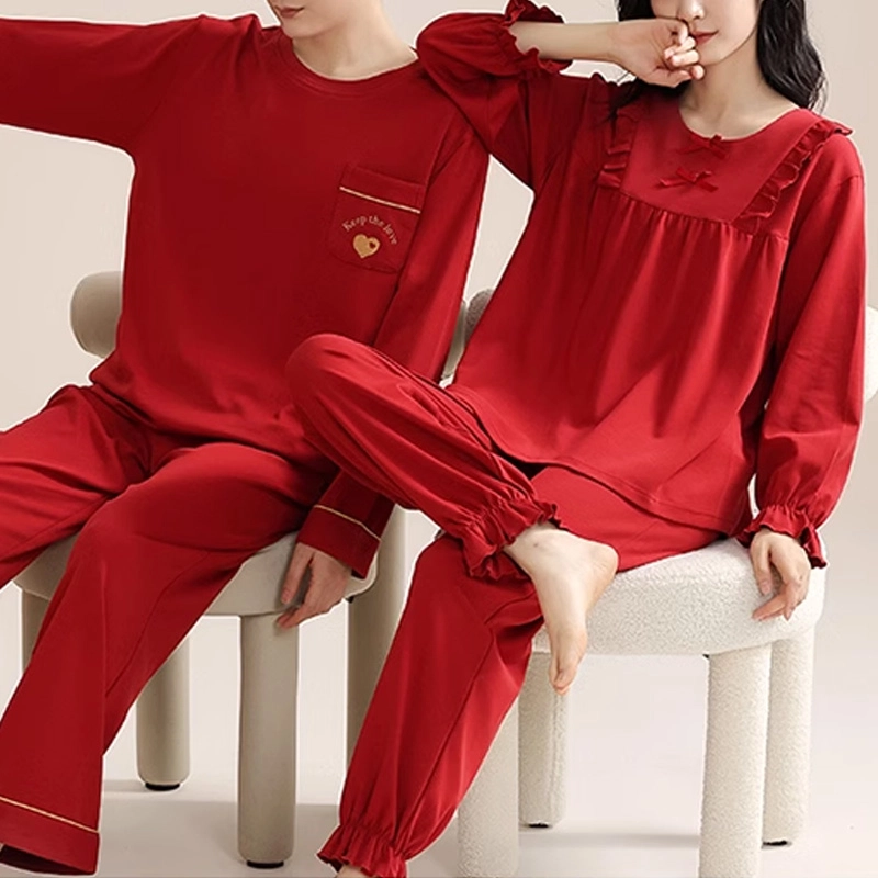 橡柠派 春秋款简约圆领小蝴蝶结保暖情侣款新婚结婚纯色双蝴蝶结本命年套装纯棉长袖长裤家居套装 男女同款 红色
