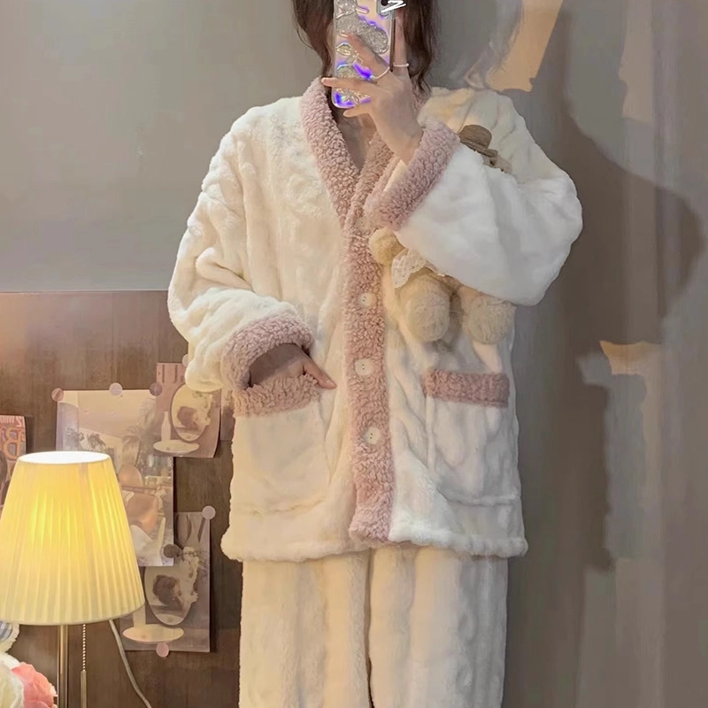 橡柠派 睡衣女简约甜美可爱韩版少女加绒加厚居家套装 长袖长裤冬季保暖 家居套装 女款 象牙白