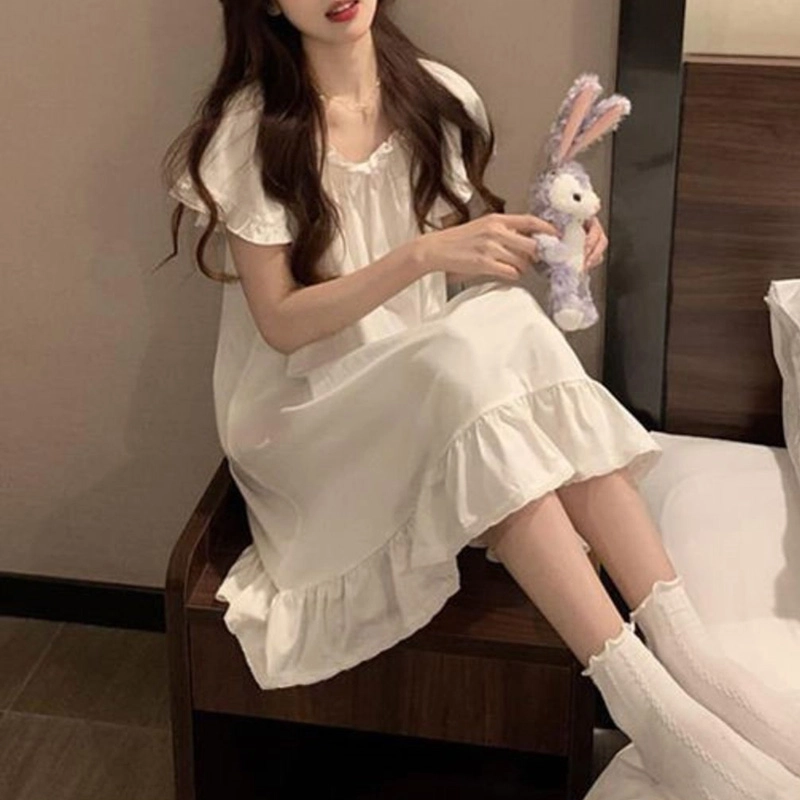 橡柠派 法式简约宫廷风蕾丝花边可爱韩版睡裙 女款 象牙白
