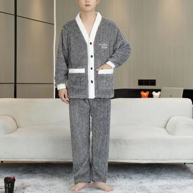 橡柠派 纯色撞色开衫保暖高级感时尚加绒加厚长袖长裤睡衣套装 男款