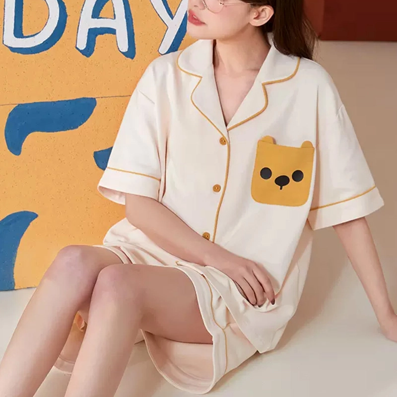 橡柠派 开衫翻领甜美短袖短裤睡衣套装 女款 月光白