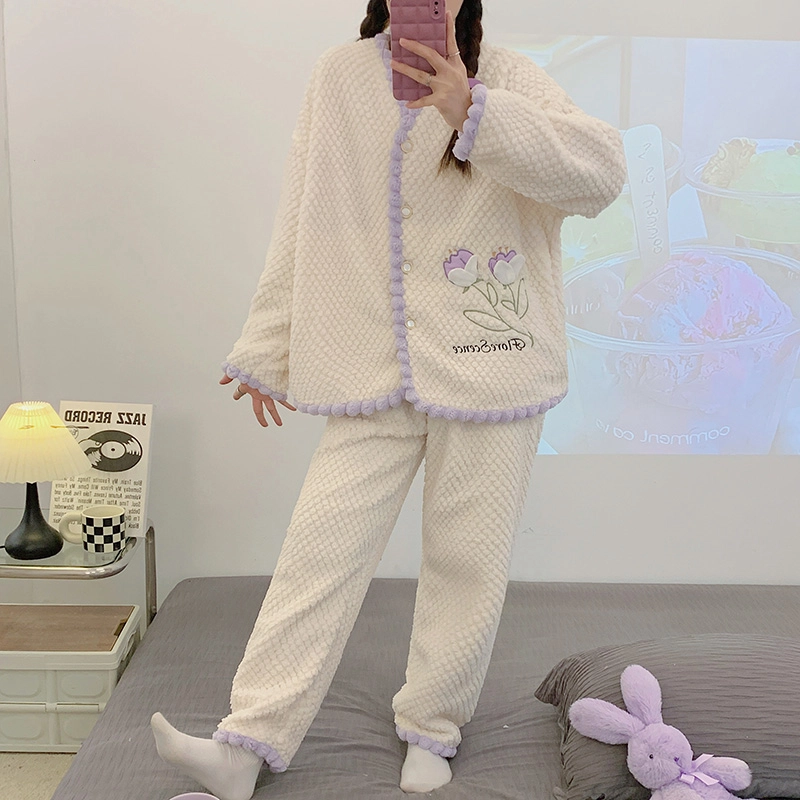 橡柠派 冬季玫瑰女士简约甜美开衫小清新套装加绒加厚长袖长裤家居套装 女款 罗兰紫