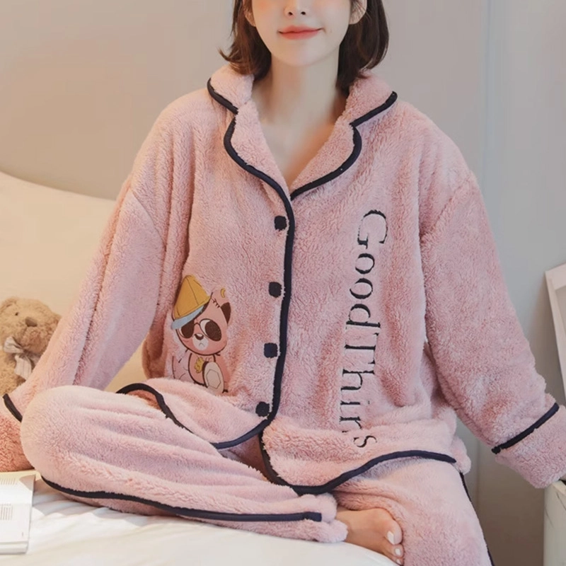 橡柠派 甜美可爱加绒微弹加厚刺绣小熊睡衣套装 女款