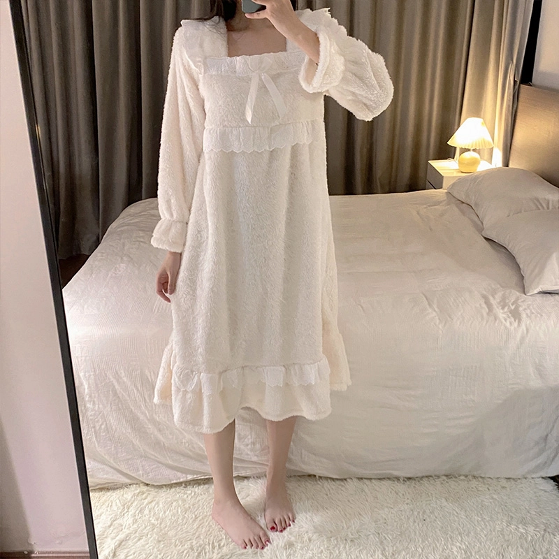 橡柠派 冬季甜美公主风法兰绒蝴蝶结双蕾丝方领小清新简约加绒中长款 家居连衣裙 象牙白