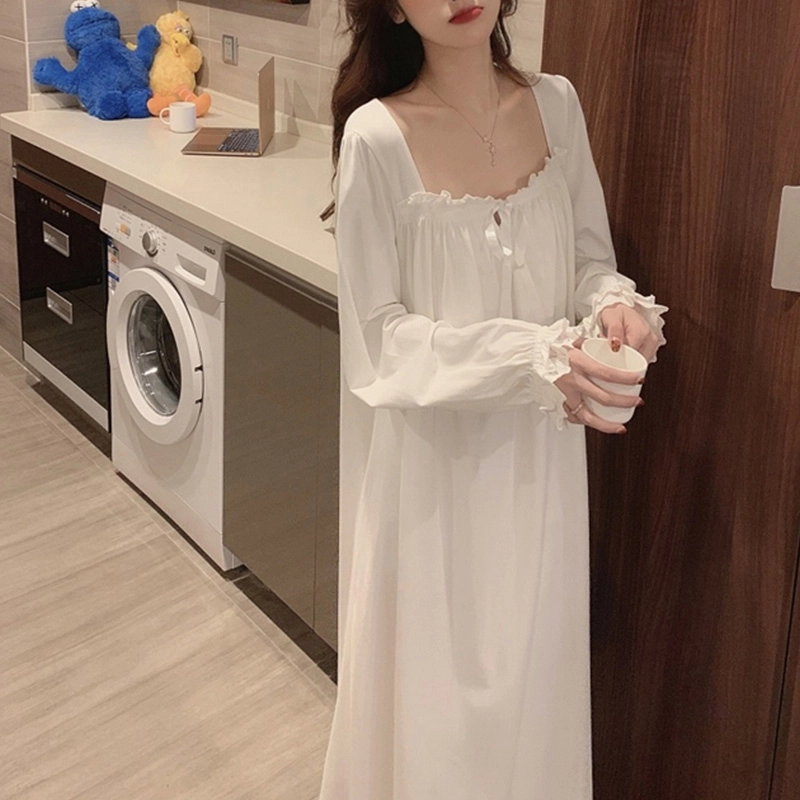 橡柠派 法式简约宫廷风蕾丝花边可爱韩版睡裙 女款 象牙白