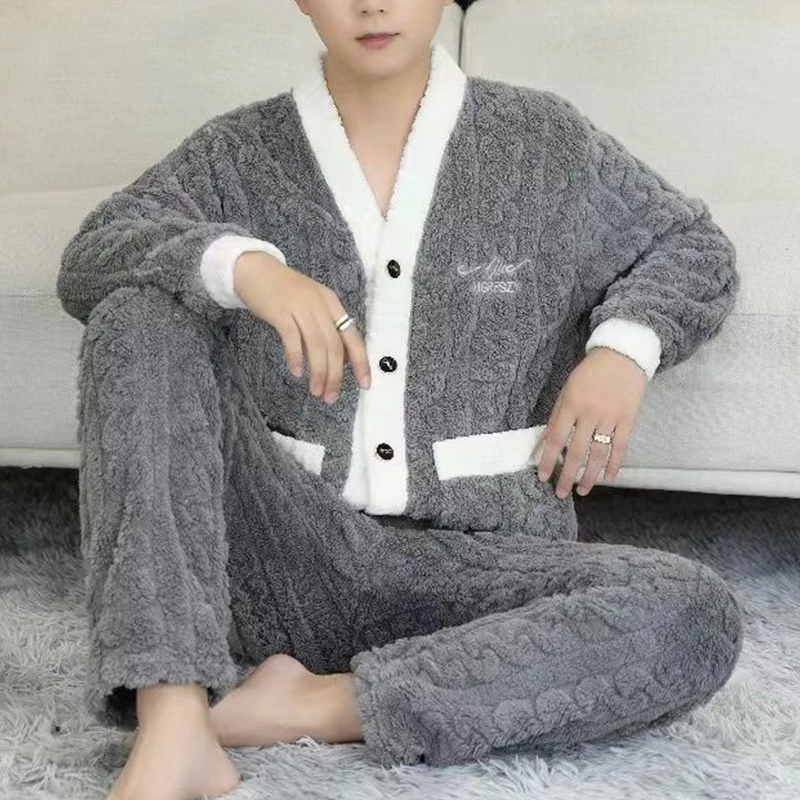 橡柠派 纯色撞色开衫保暖高级感时尚加绒加厚长袖长裤睡衣套装 男款