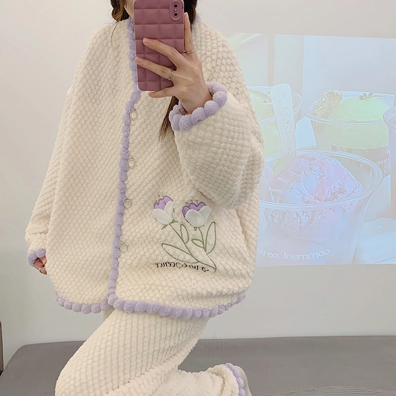 橡柠派 冬季玫瑰女士简约甜美开衫小清新套装加绒加厚长袖长裤家居套装 女款 罗兰紫