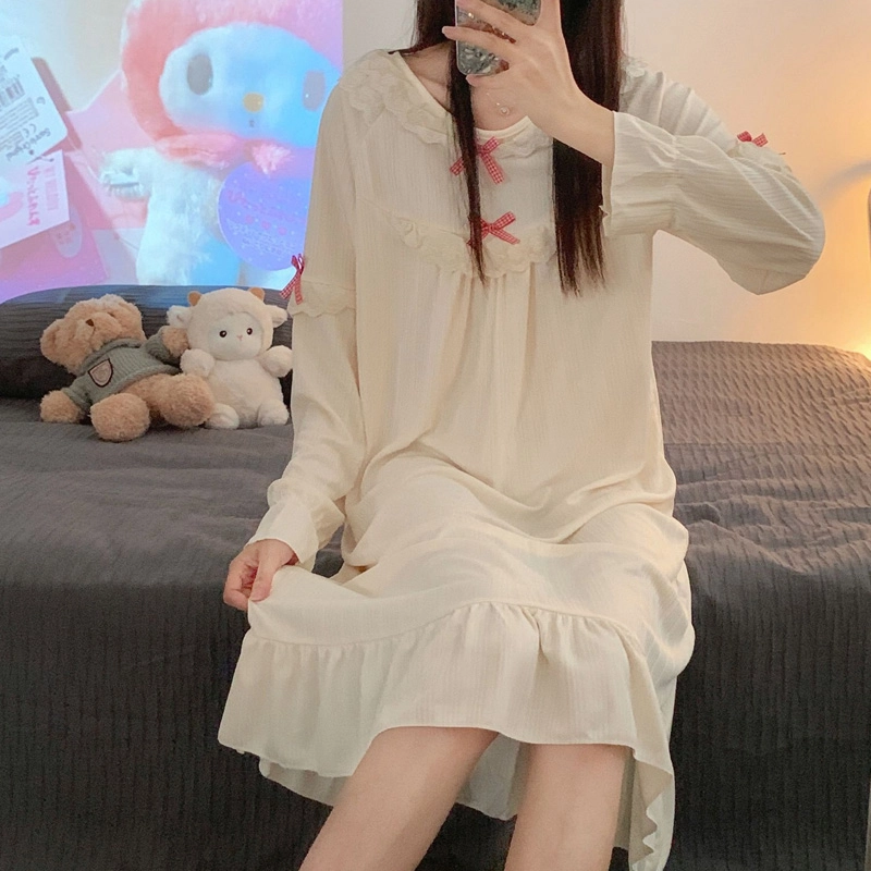 橡柠派 蝴蝶结甜美蕾丝圆领透气长袖睡裙 女款 米白色