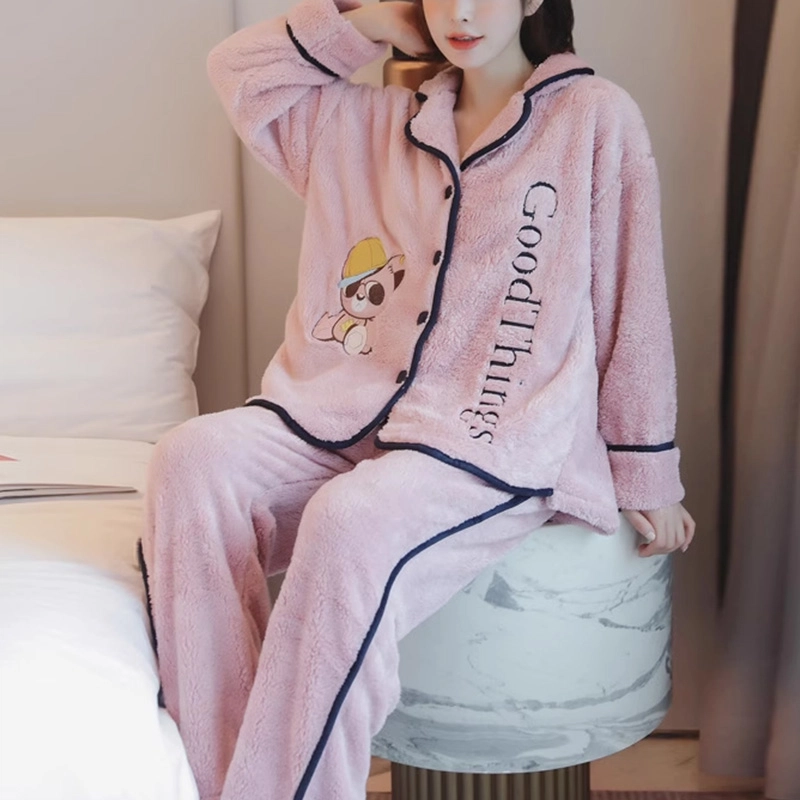 橡柠派 甜美可爱加绒微弹加厚刺绣小熊睡衣套装 女款