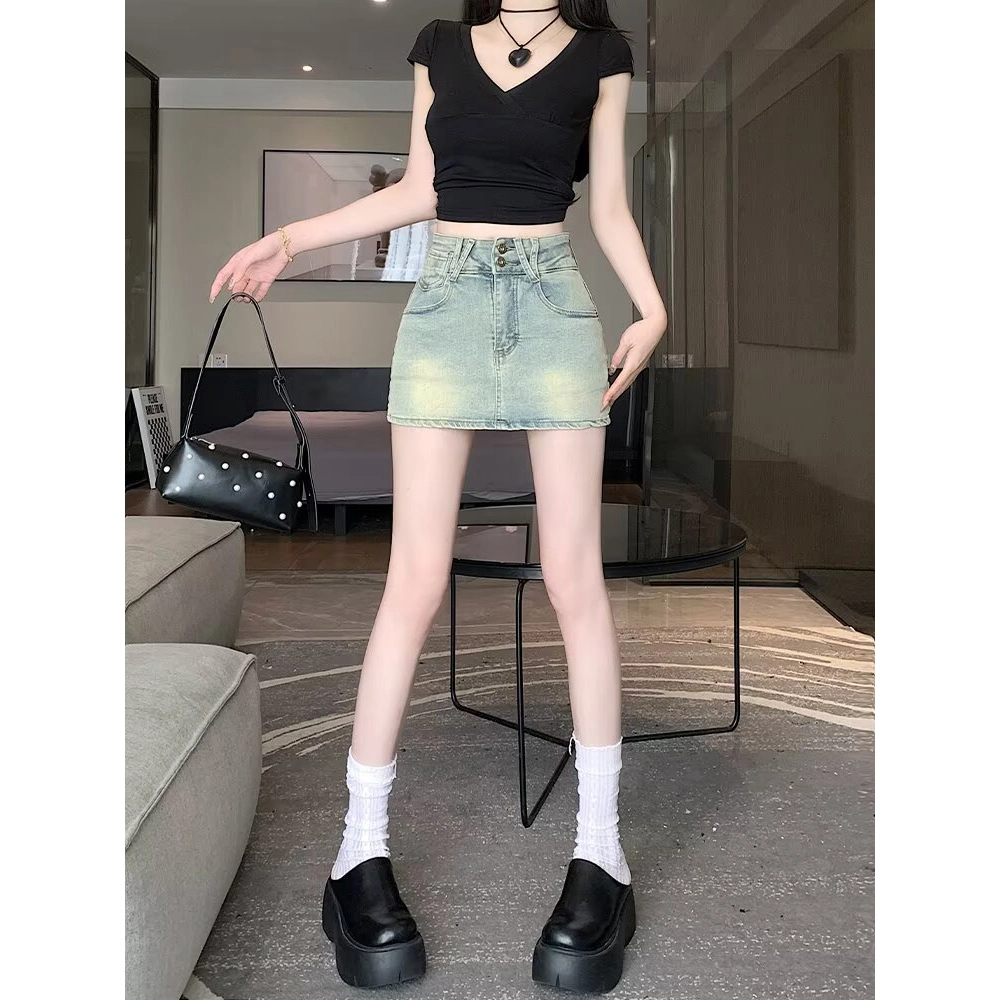 依钗 美式复古高腰包臀小个子大码防走光半身裙裤牛仔短裙 女款