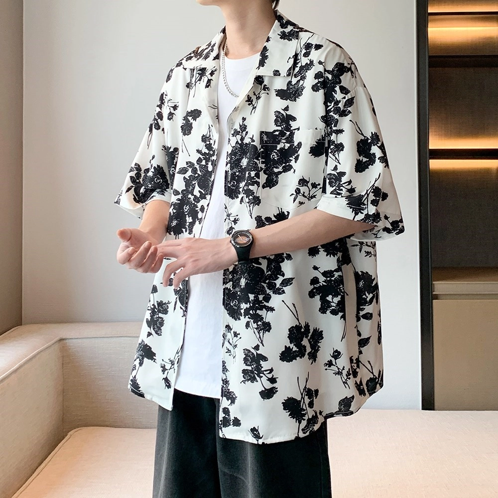 零氏 美式复古高街潮流个性碎花南亚风休闲百搭日常通勤舒适柔软亲肤经典短袖衬衫 男女同款