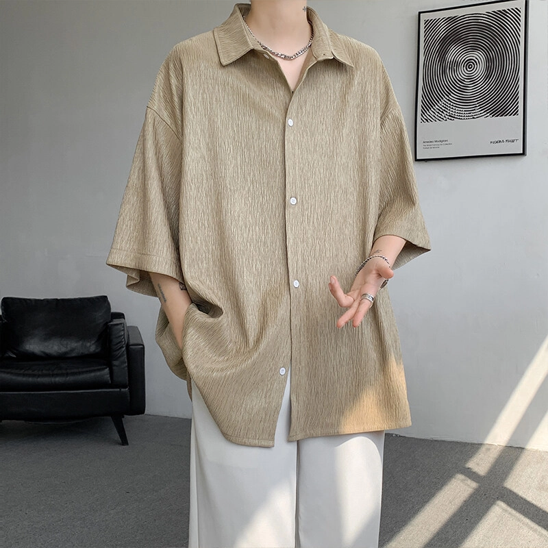 零氏 潮流纯色肌理感翻领薄款短袖衬衫 男女同款