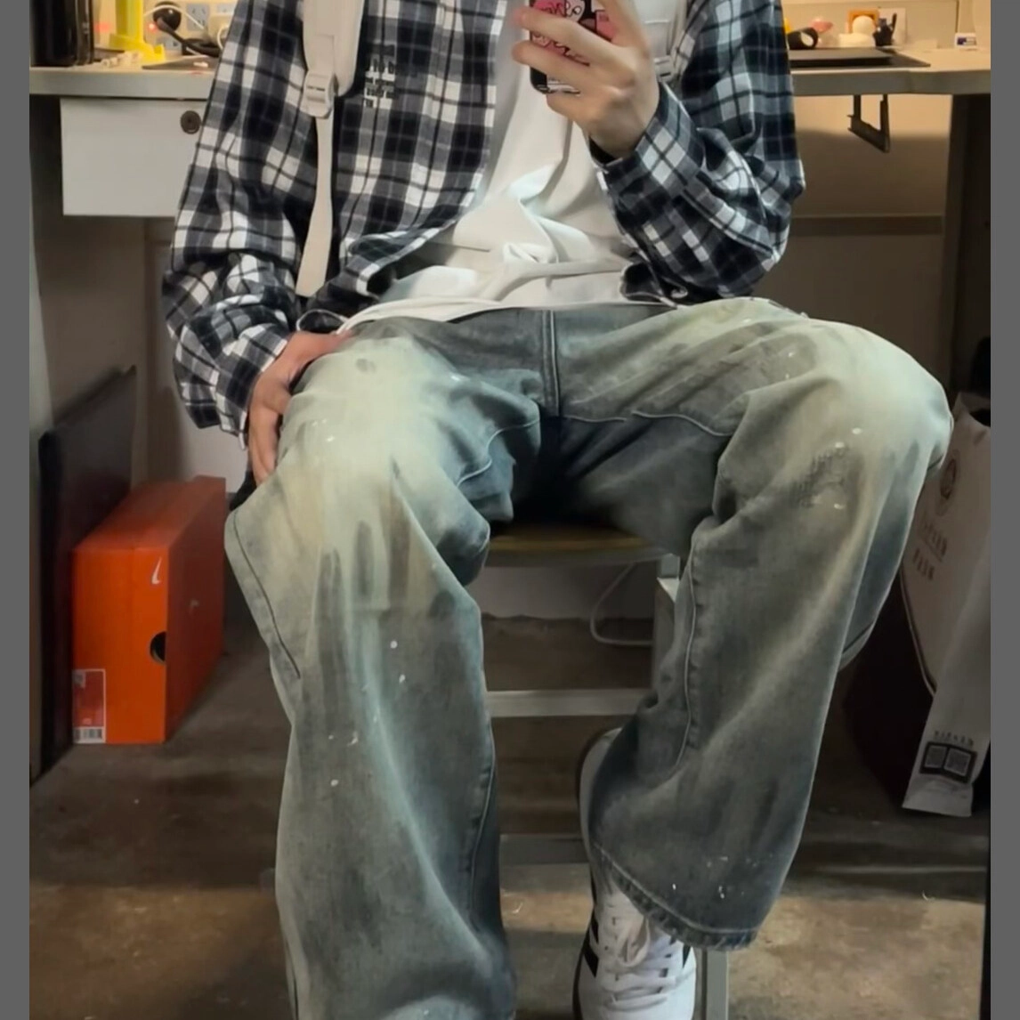 零氏 美式复古水洗做旧高街扎染泼墨设计个性基础款舒适亲肤透气宽松百搭直筒阔腿牛仔裤 男女同款