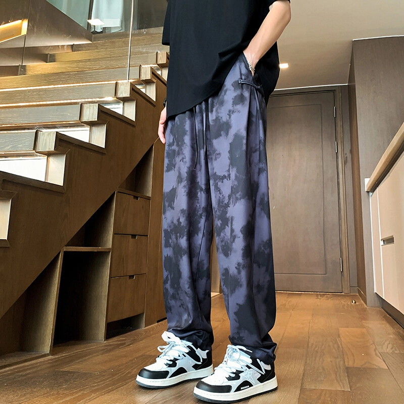零氏 新中式冰丝渐变复古脏脏库口做旧脏脏染宽松凉感百搭直筒透气美式高街嘻哈扎染国风侧面盘扣系带垂感休闲裤 男女同款