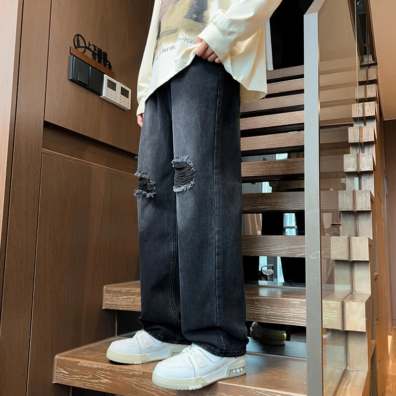 零氏 美式高街复古港风做旧水洗基础款潮牌时尚舒适亲肤直筒长裤透气百搭垂感休闲宽松破洞牛仔裤 男女同款
