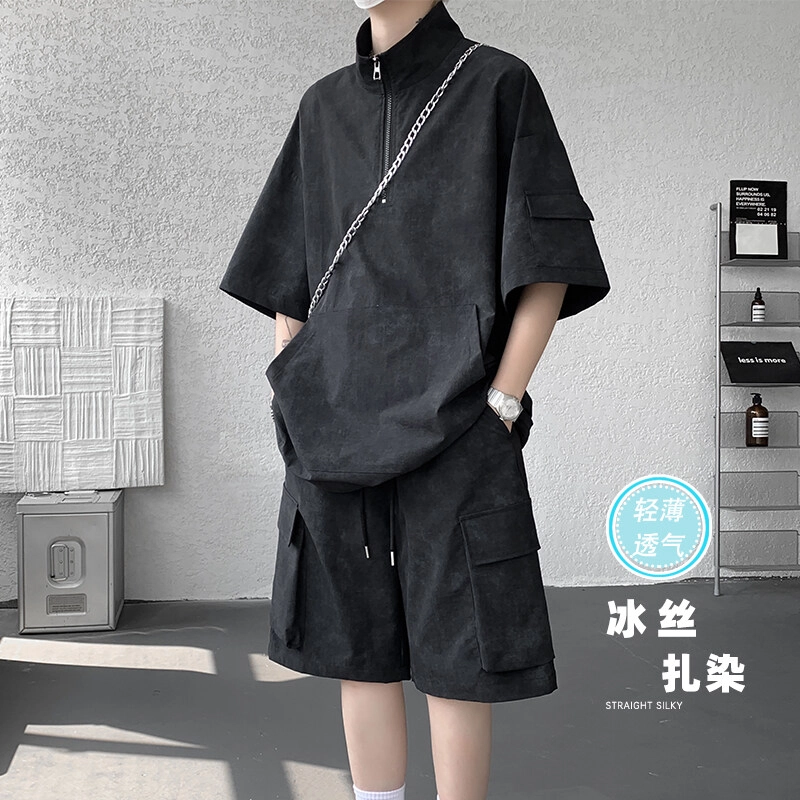 零氏 薄款宽松扎染短袖上衣百搭舒适时尚直筒五分裤休闲运动套装 男女同款