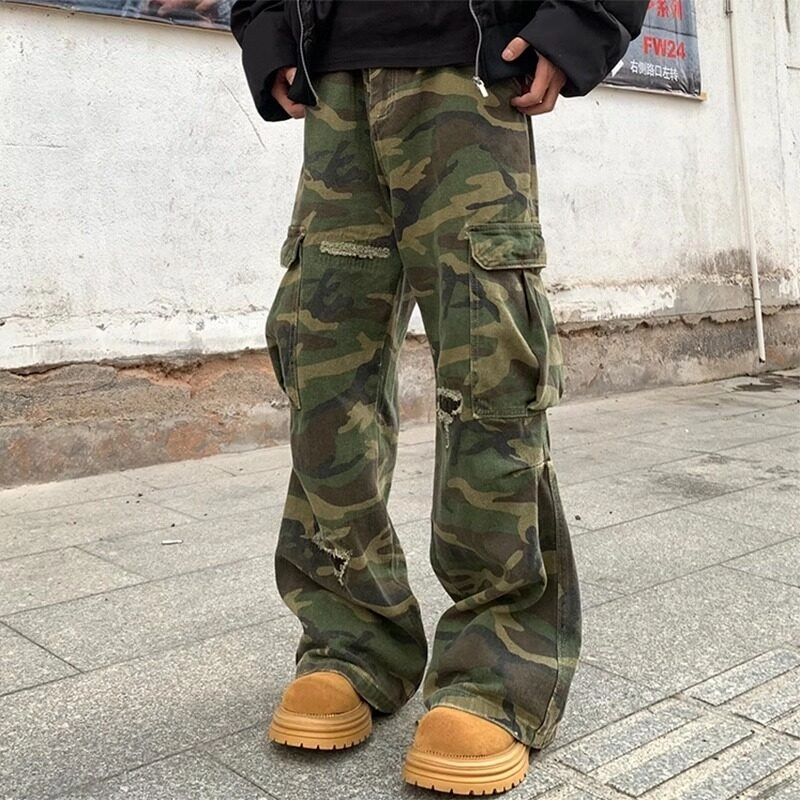 零氏 美式高街迷彩多口袋破洞设计长裤休闲百搭运动户外透气爬山宽松直筒微喇牛仔裤 男女同款