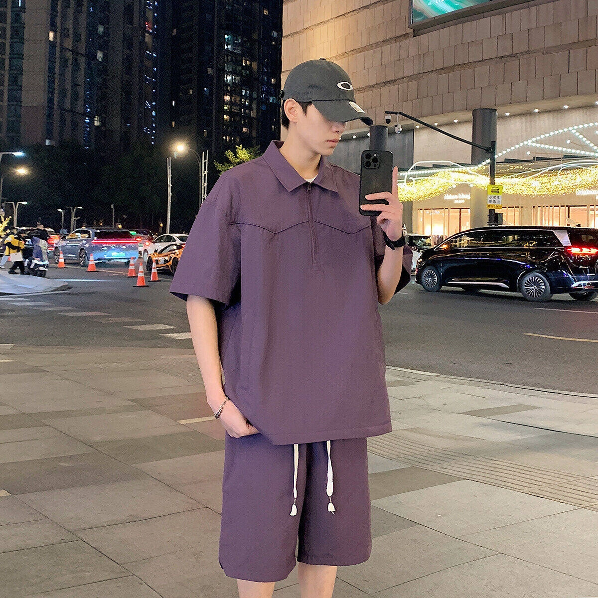 零氏 美式翻领半拉链速干冰感套头短袖上衣潮牌青春无性别主义宽松直筒透气百搭通勤短裤衬衫套装 男女同款