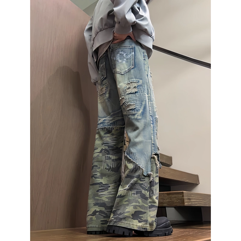 零氏 美式潮牌重工复古迷彩拼接破洞设计做旧休闲宽松百搭工装长裤子阔腿直筒牛仔裤 男女同款