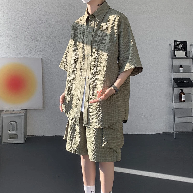 零氏 肌理感宽松大码短袖青春时尚潮流个性简约设计感痞帅气舒适休闲薄款衬衫套装 男女同款
