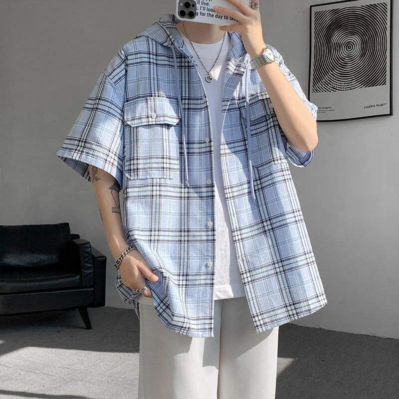 零氏 夏季小众高级设计感格纹短袖衬衫 男女同款