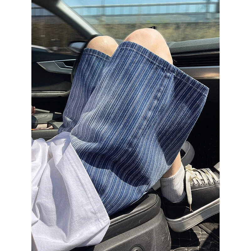 零氏 美式高街设计感青春时尚潮流休闲直筒阔腿水洗条纹五分裤子牛仔短裤 男女同款