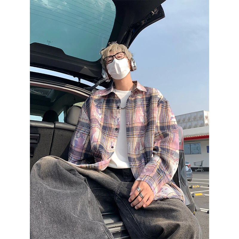 零氏 美式复古做旧扎染渐变格子衬衣宽松时尚休闲舒适外套翻领单排扣简约户外情侣衫学院潮流痞帅长袖衬衫 男女同款
