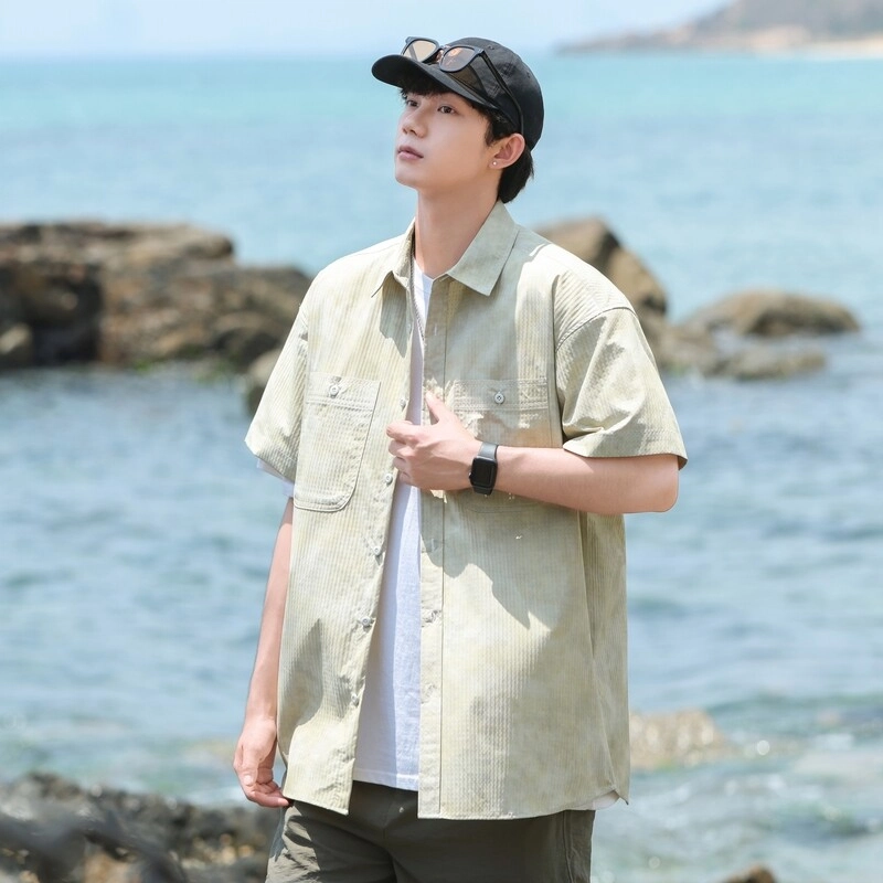 零氏 美式复古大码扎染学院风宽松薄款亲肤舒适透气肌理感纽扣翻领短袖衬衫 男女同款