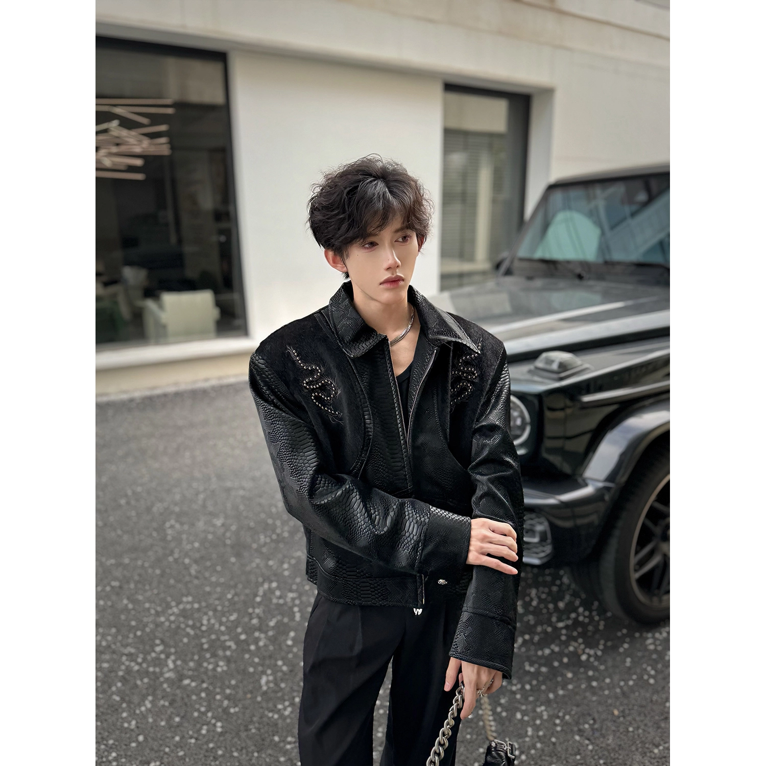 零氏 美式高街小众钉珠刺绣蟒蛇设计感皮衣个性休闲百搭宽松潮牌短款长袖外套夹克 男女同款