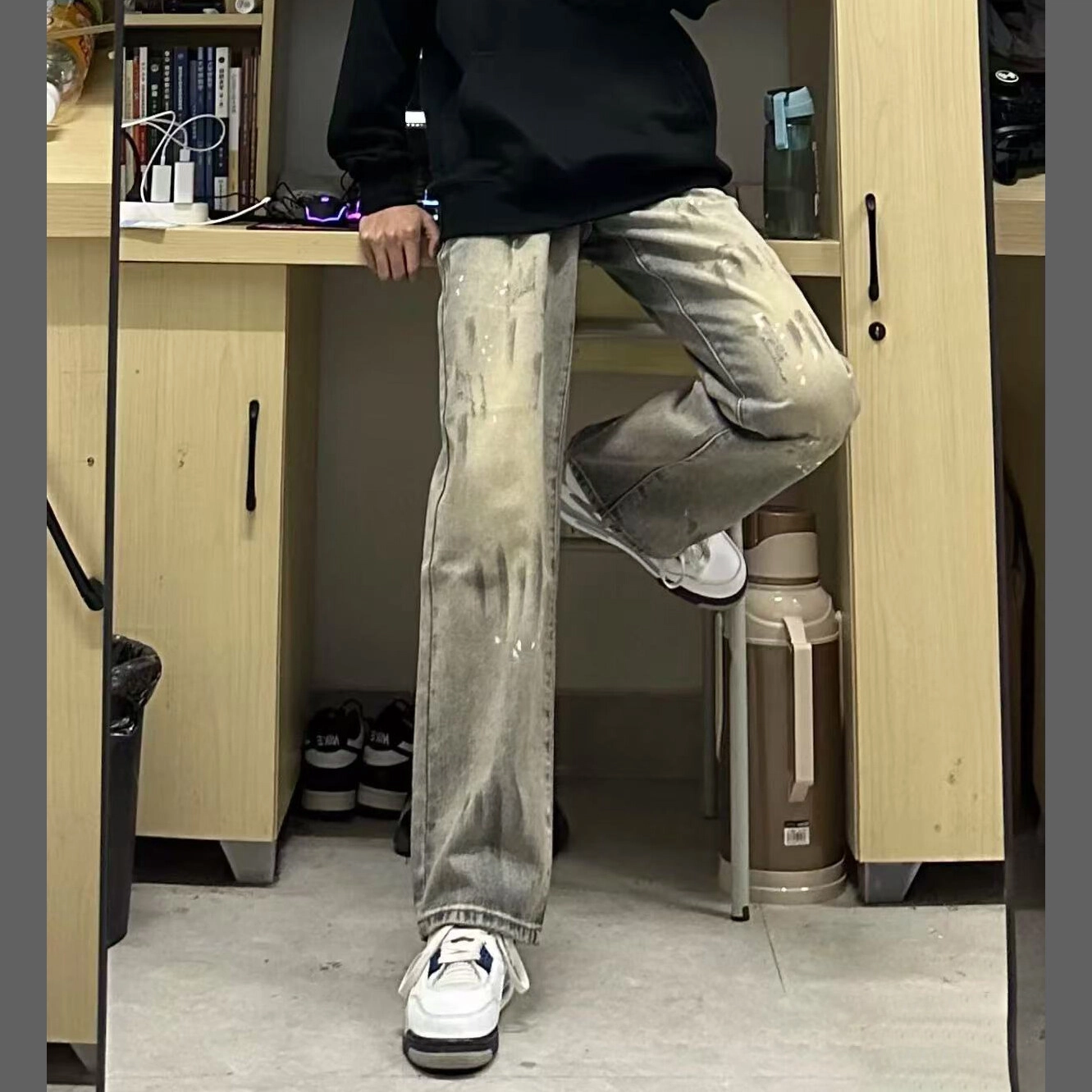 零氏 美式复古水洗做旧高街扎染泼墨设计个性基础款舒适亲肤透气宽松百搭直筒阔腿牛仔裤 男女同款