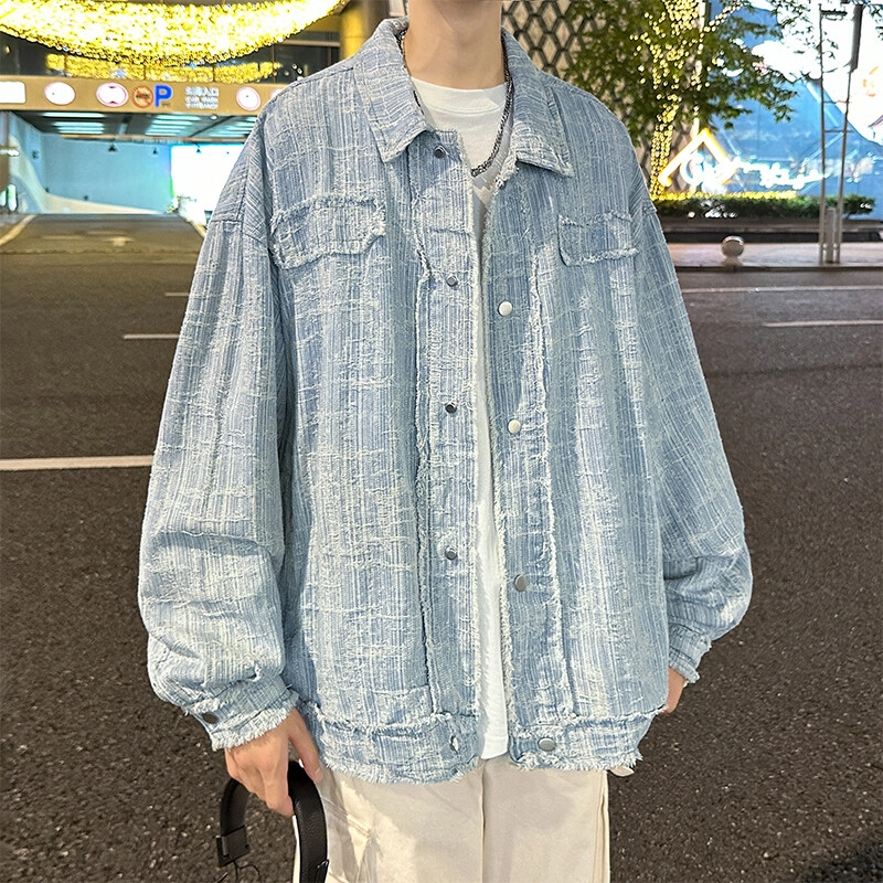 零氏 户外潮流百搭轻奢宽松山系工装薄款夹克复古重工扎染满印刺绣破洞水洗做旧时尚单排纽扣衬衫翻领长袖夹克外套 男女同款