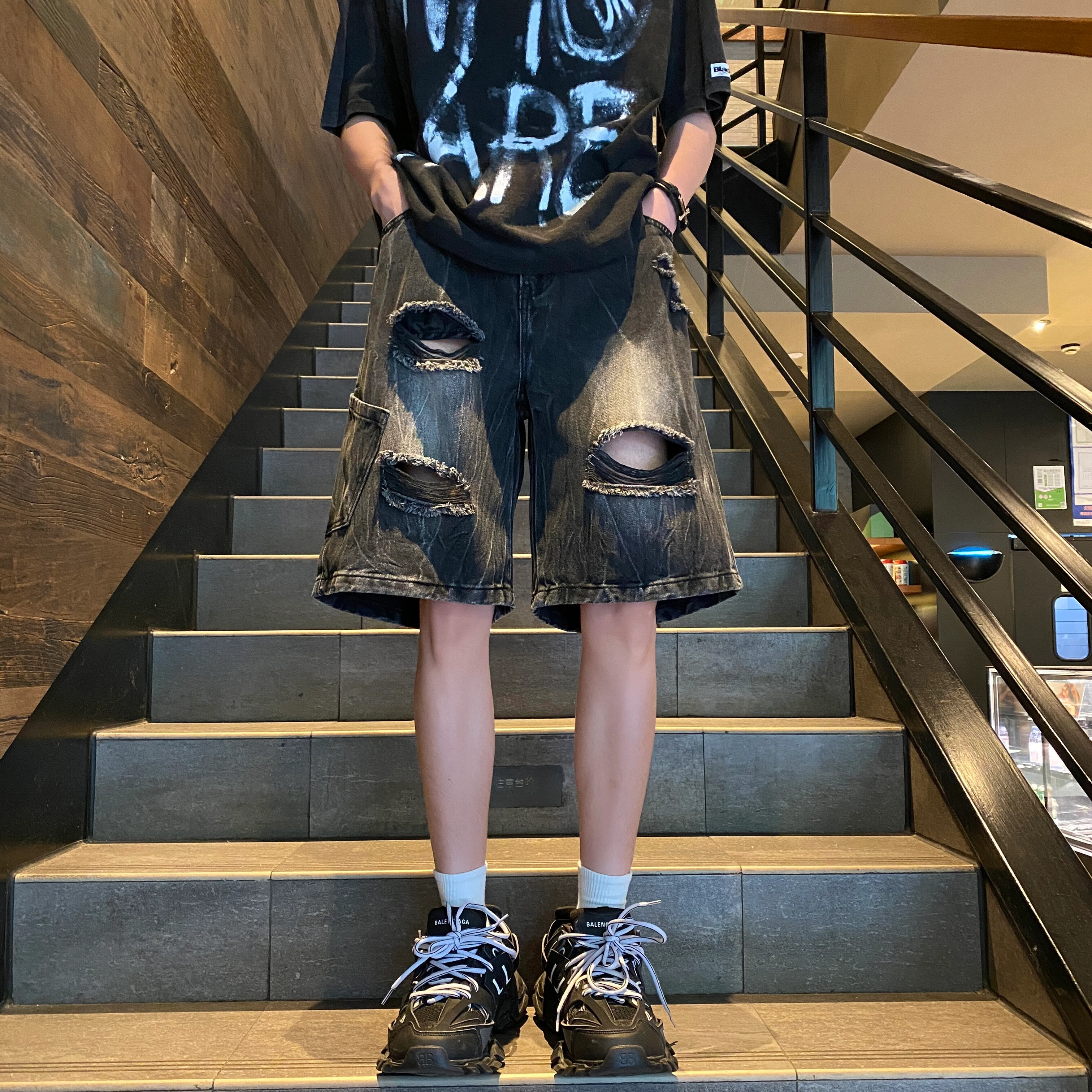 零氏 美式复古夏季破洞高街水洗磨毛基础款直筒潮牌潮流宽松休闲中裤子五分牛仔短裤 男女同款